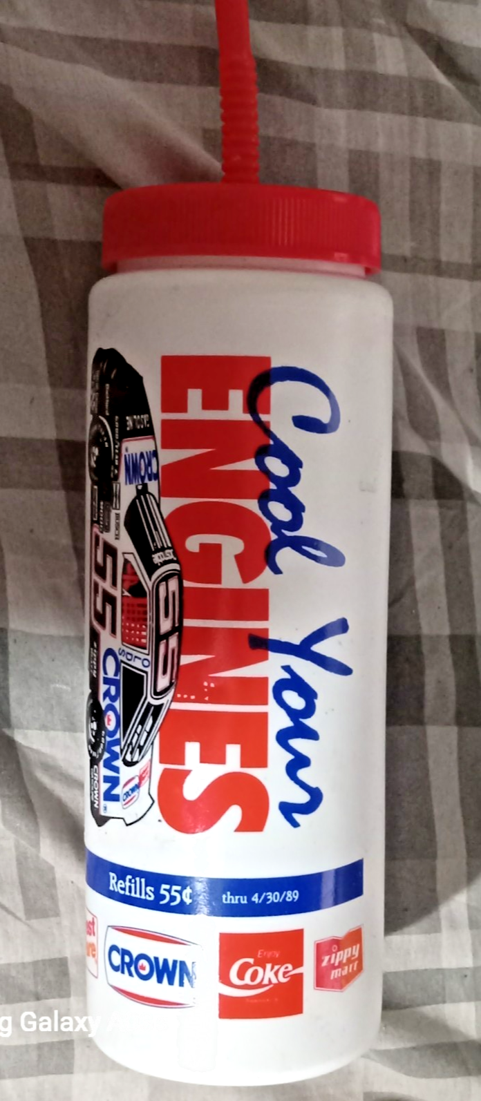 Vintage 1989 Crown Fast Fare Coke Cool Your Engines NASCAR #55 Straw Cup Bottle