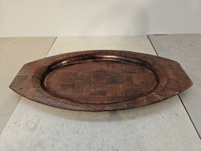 Mid Century Danish Modern Style Teak Veneer Oval Parquet Serving Platter Tray