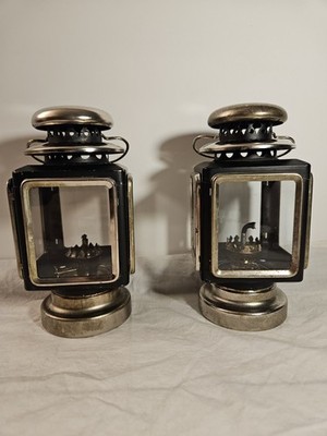 2 Vintage Oil Lanterns Black Metal Glass Panels Decorative Coach Lamps Hong Kong