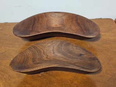 Vintage Mid Century Modern Nesting Bowls Set of 2 Hand Carved Wood Catchall Tray