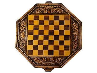 Vintage Hand-Carved Octagonal Wood Chess & Backgammon 2-in-1 Folding BOARD ONLY