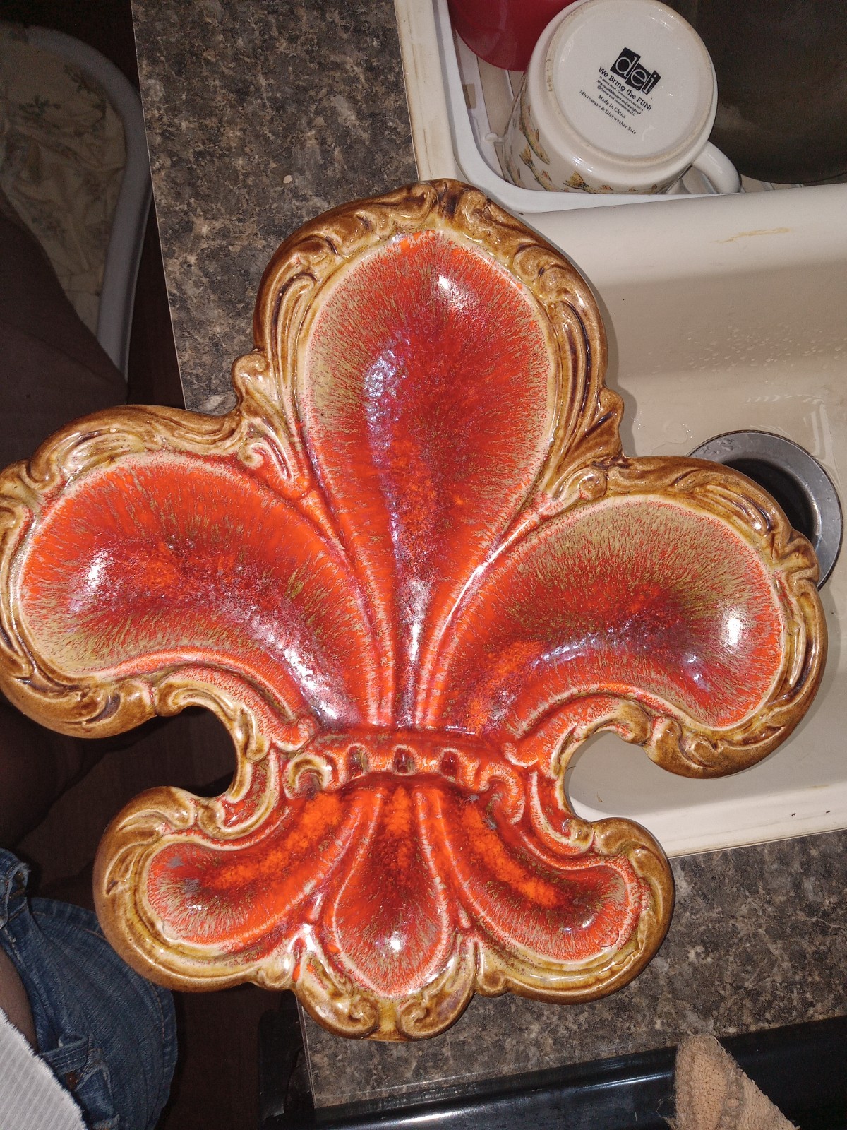 VTG Lane Ceramics USA Fleur De Lis Ashtray Dish Orange Red Drip Glaze MCM