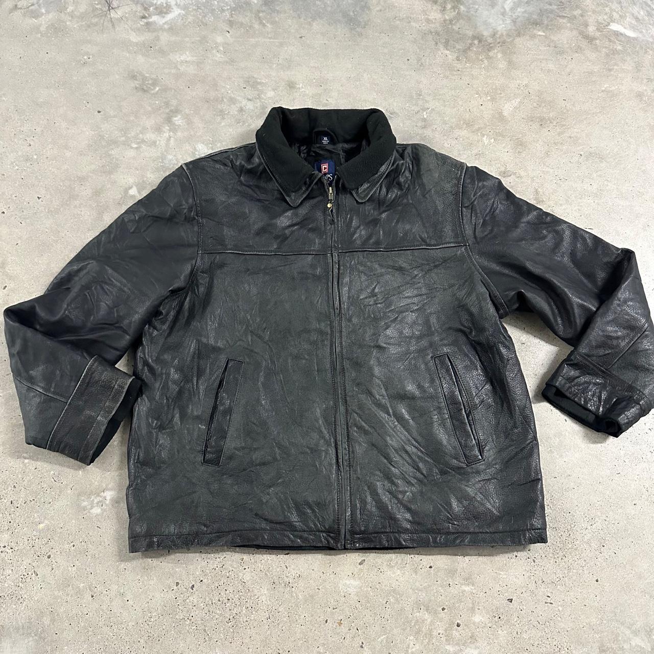 90’s Chaps Black Leather Jacket, Bomber, Harrington Style - XL X-Large