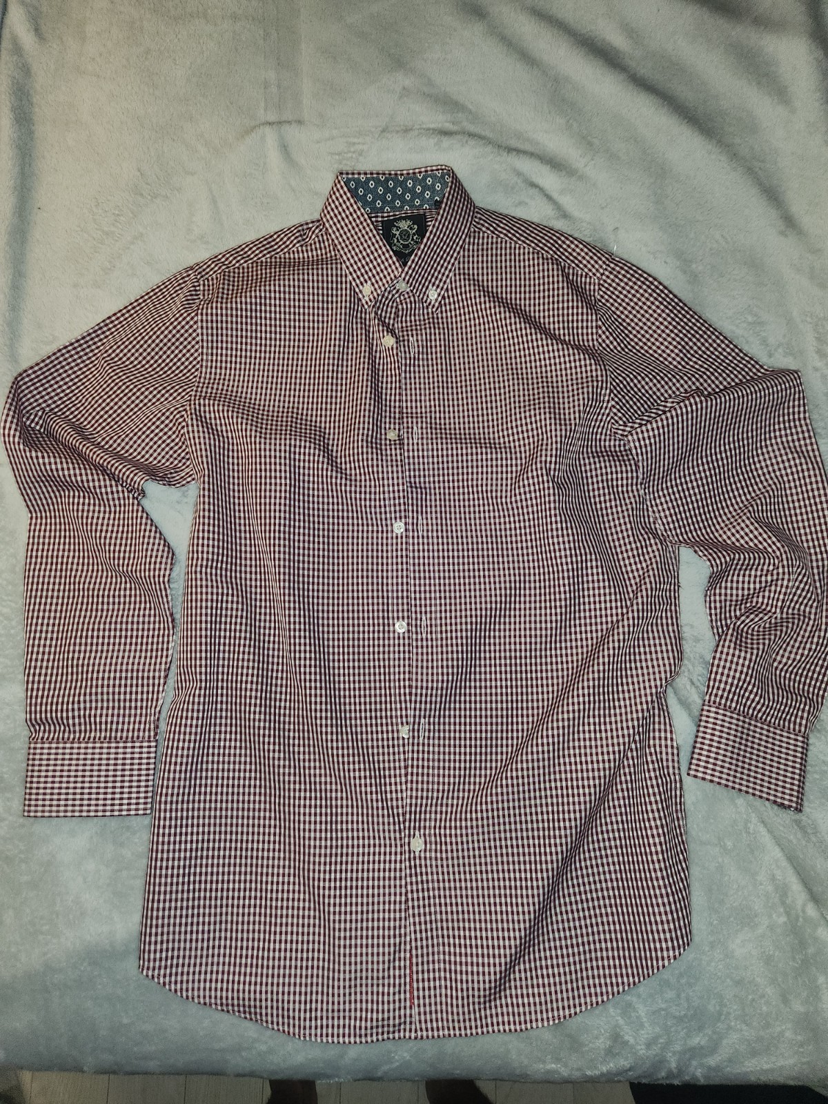English Laundry Men's Dress Shirt M 15.5 32/33 Burgundy Gingham Check Long Sleev