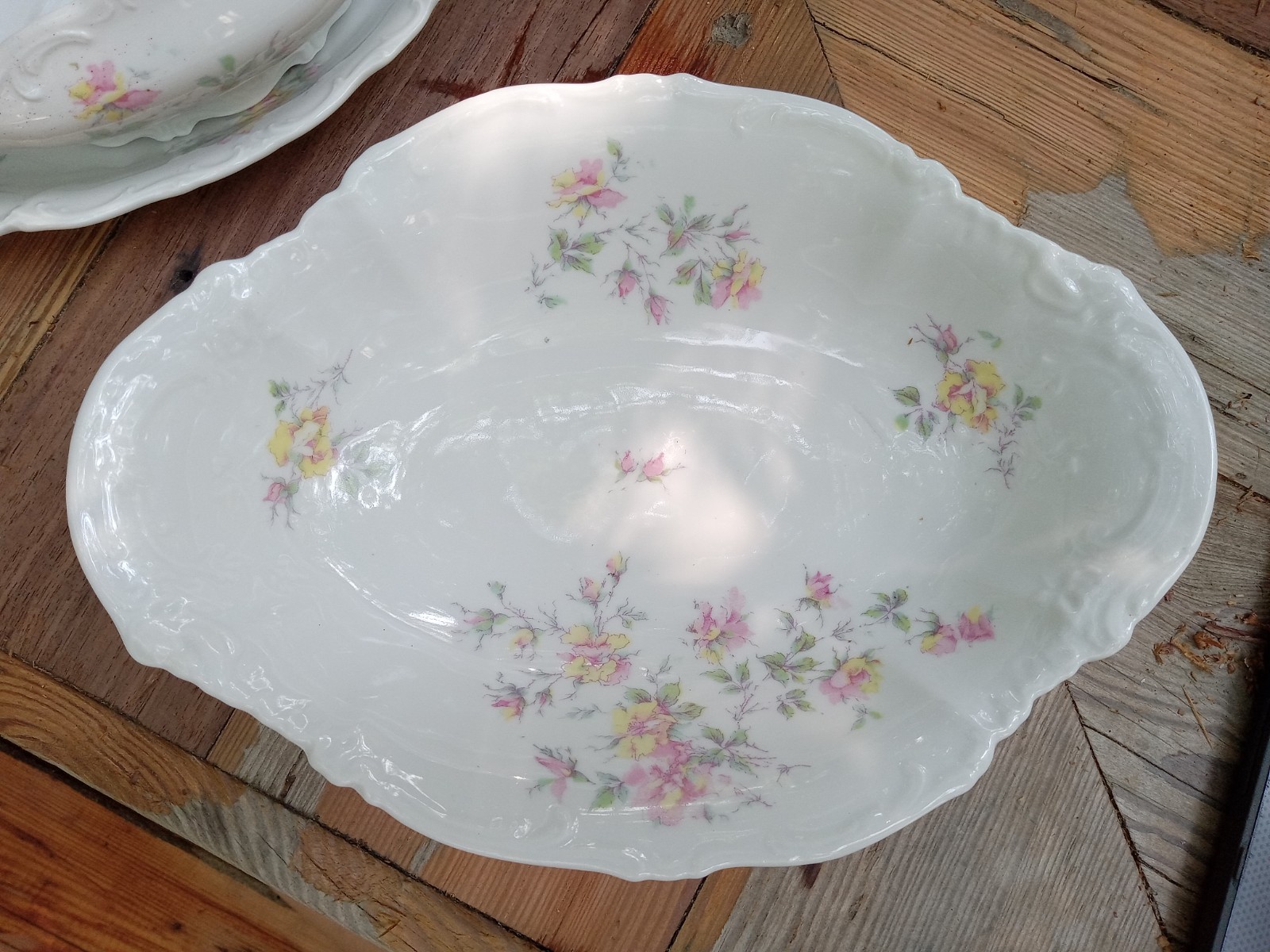 Antique MZ Austria Porcelain Oval Vegetable Serving Bowl 1891 Pink Yellow Rose