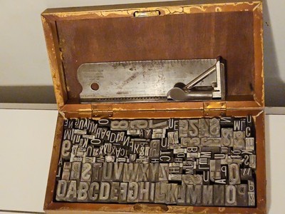 Vintage H.B. Rouse Composing Stick & 118pc Lead Font Type Metal Block Set Case