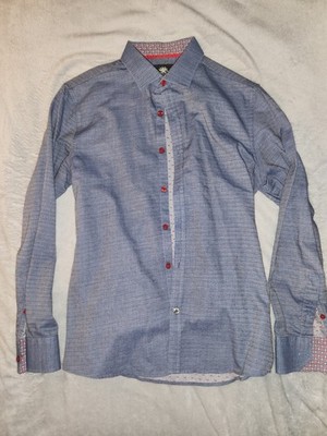 English Laundry Men's Dress Shirt Small Blue Red Dot Pattern Contrast Trim Long